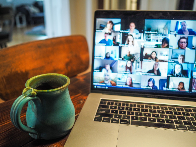 Preparing for a Zoom call with coffee